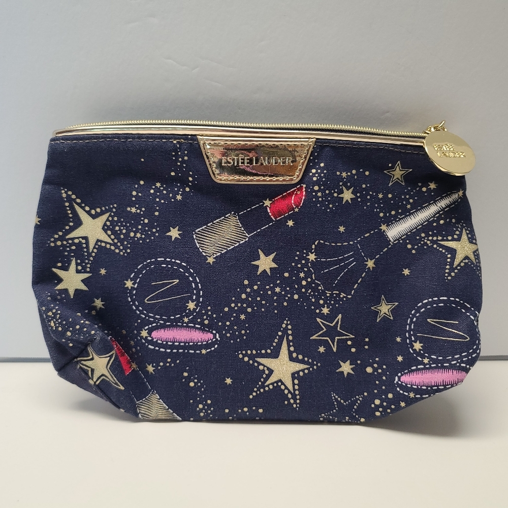 VTG Vintage Estee Lauder Navy Zippered Cosmetic Bag with Starry Design